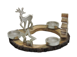 Portavelas Decorativo de Reno Plateado y Árbol de Madera con Base de Madera con Borde Natural, Centro de Mesa Navideño - Product Image 5