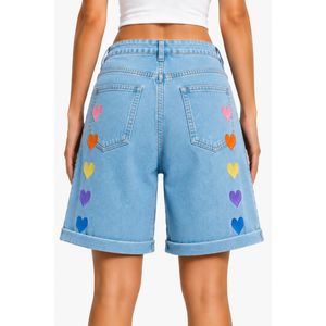 <b>Light</b> Blue <b>Rainbow</b> Heart Embroidered Women Denim Shorts High Waist Casual Loose Fit Rolled Hem Cotton Summer Fashion Jeans Short - Product Image 2