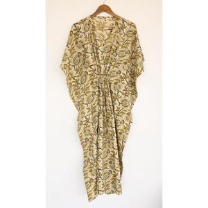 Vintage <b>Boho</b> Floral Block Print White Kaftan <b>Dress</b> With Tie Back Loose Fit Short Sleeve Cotton <b>Summer</b> Long <b>Dress</b> - Product Image 1