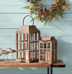 Ensemble de lanternes à bougies en bois, support de pilier vintage à structure ouverte avec poignée en métal, lampe hurricane rustique pour la décoration intérieure - Product Image 2