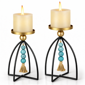 NEW ARRIVAL Gold and Black Candle Holders with Navy Blue Beads Decorative Candle Stands with Tassel Accent for Home and Office - Product Image 4