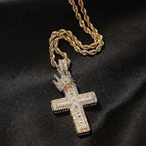 Rhodium Plated <b>Cross</b> Charm Pendant with Crown Moissanite Brilliant Cut Hiphop Necklace for <b>Men</b> Party Gift Christian Jewelry - Product Image 1