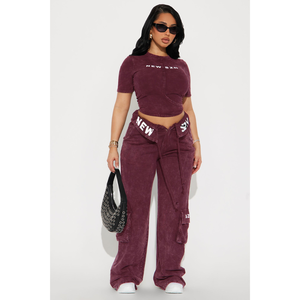 Women's Burgundy 100% Cotton Fleece 2-Piece <b>Set</b> <b>Short</b> Sleeve O-Neck <b>Top</b> with Cargo Pants Skinny Fit Winter Casual Wear - Product Image 2