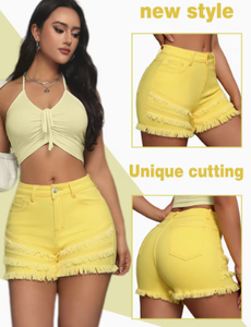 Shorts en jean jaunes taille haute pour femme avec franges – Idéal pour l'été et les tenues décontractées - Product Image 6