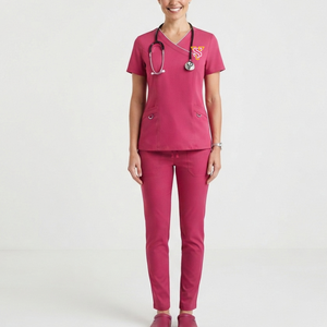 Ensemble de tenues médicales unisexe rose en tissu Spandex, pantalon de détection d'aiguilles et haut à col en V, SANDRA TRADERS, thermocollé sans couture - Product Image 1