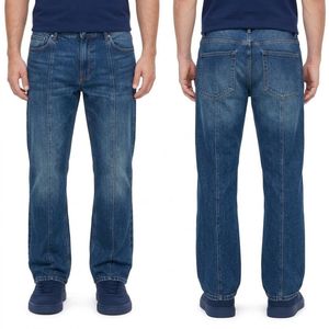 Jean droit bleu foncé personnalisé pour homme, 100 % coton, coupe classique, délavage propre, taille mi-haute, pantalon en denim décontracté - Product Image 1