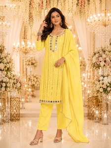 Kurti amarillo y pantalón para mujer, conjunto tradicional de rayón para boda, largo hasta el suelo, corte regular, estilo India-Pakistán - Product Image 2