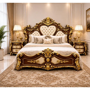 Ensemble de meubles de chambre à coucher en teck de style antique, suite de chambre principale royale victorienne avec tête de lit capitonnée en forme de cœur, ensemble de lit king-size italien - Product Image 1