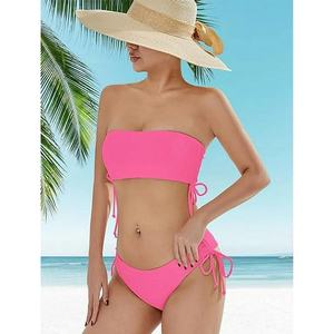 Ensemble bikini 2 pièces rose uni taille haute bandeau pour femme avec logo frontal et cordon de serrage latéral - Product Image 3