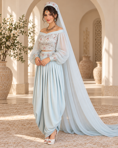 Women's <b>Light</b> <b>Blue</b> Embroidered V Neck Maxi Length Plum Velvet Breathable Elegant Party <b>Wedding</b> <b>Dress</b> Long Sleeve Muslim Kaftan - Product Image 3