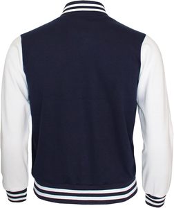 Chaqueta Varsity Azul Marino para Hombre con Mangas Blancas y Puños a Rayas, Estilo Preppy, Cierre de Botones, para Otoño - Product Image 4