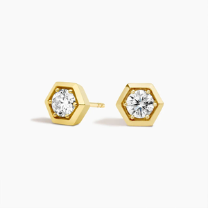 Yellow Gold Hexagon <b>Stud</b> <b>Earrings</b> Brilliant Cut Lab Grown Diamond Fancy Light Color Unisex Everyday Wear 14K IGI Certified - Product Image 5