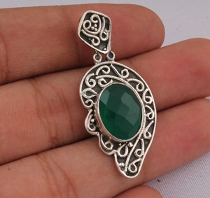 Pendentif en onyx vert naturel, bijoux en argent sterling 925, style vintage, pendentif ovale en pierre précieuse verte, finition antique, collier pour elle - Product Image 2