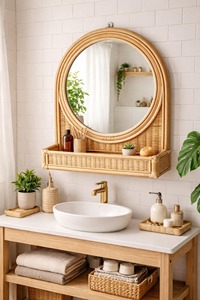 Boho Rattan <b>Mirror</b> With Storage Shelf Handmade Perfect <b>Vanity</b> <b>Mirror</b> With Shelf For <b>Makeup</b> And Skincare Items From India - Product Image 4