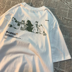 Camiseta de manga corta con estampado de gato de dibujos animados para mujer, Top holgado y versátil de verano, ropa informal y a la moda para la calle - Product Image 2