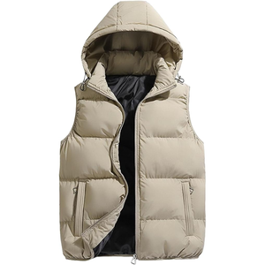 Men's Beige Hooded Puffer <b>Vest</b> Stand Collar Zipper Closure Casual Winter Sleeveless Quilted Jacket Thick Polyester Wadding style - Product Image 1