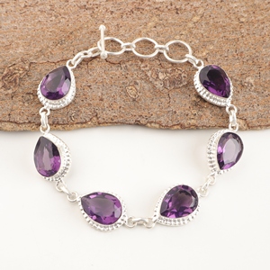 Pulsera de tenis de latón chapado en plata de ley 925, hecha a mano, con amatista natural facetada en forma de pera, joyería de moda. - Product Image 4
