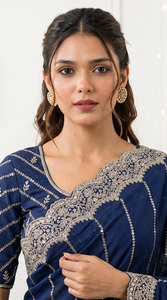 AARA Fashion Elegante Saree de Seda Azul Marino con Bordado Plateado, Estilo Tradicional Indio Pakistaní para Mujer, Ideal para Bodas - Product Image 5