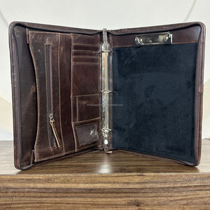 Wholesale Tooled Leather File Folder Executive Folder 3 <b>Ring</b> <b>Binders</b> for Documents High Quality Cowhide Leather Zipper Portfolio - Product Image 5