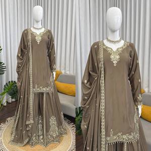 Conjunto de Sharara Salwar Kameez Bordado Marrón, Ropa Étnica para Mujer, Vestido con Dupatta para Bodas y Fiestas - Product Image 4