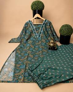 Pure Organic Cotton Woven V-neck Floral Print Breathable Embroidery Cute Casual Straight Side Cut Long Elastic Waist Kurta <b>Pant</b> - Product Image 1