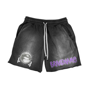 Shorts en molleton délavé effet soleil avec cordons longs, impression 3D personnalisée, 100% coton, bords bruts, shorts d'été délavés à l'acide pour hommes - Product Image 3
