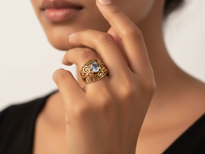 Blue Topaz Filigree <b>Dome</b> <b>Ring</b> | Bohemian Style Gold Plated Brass Wedding Statement Jewelry - Product Image 2
