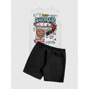 Ensemble de survêtements courts pour hommes, personnalisé par le fabricant, style vintage délavé à l'acide, imprimé sérigraphié, style urbain estival - Product Image 2