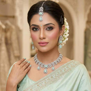 Jewelemarket Luxe American Diamond <b>Statement</b> <b>Necklace</b> Set 10575432GR-Geometric Fine Jewelry Imitation Pearl Zircon for Bridal - Product Image 2