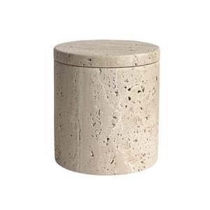 Pot en marbre travertin beige avec couvercle, récipient décoratif élégant pour le rangement, vase en pierre élégant pour la décoration de la maison, du bureau et de la cuisine - Product Image 5