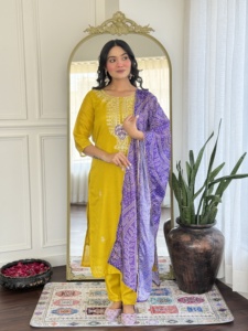 Latest Women's Mustard Color Vichitra Silk <b>Kurti</b> with Vichitra silk Pant Chinon With Digital Print Dupatta Sets - Product Image 5