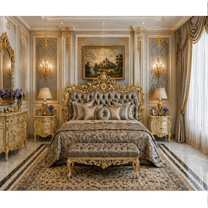 Ensemble de meubles de chambre à coucher style Birmingham en or antique, lit en teck de qualité supérieure avec tables de chevet et coiffeuse, acheter suite de chambre USA - Product Image 1