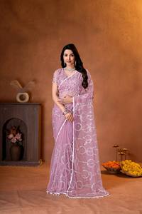 LD CREATION Modern <b>Net</b> Saree Hand Beads Sequence Pearl Embroidery Quick Dry Party Wear Wedding Saree Heavy Unstitched Blouse - Product Image 3