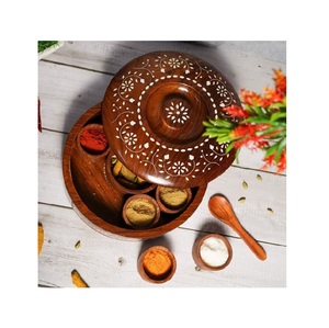 Wooden Spice <b>Box</b> Handmade Masala Dabba with Lid Kitchen Storage Organizer for <b>Herbs</b> Seasonings Salt Pepper and Dry Spices - Product Image 5