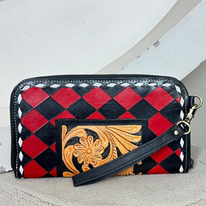 2026 Personalized Floral Tooled Genuine Leather Cute Checkered Pattern <b>Clutches</b> <b>Purse</b> Zipper With Wholesale Luxury Wallet - Product Image 4