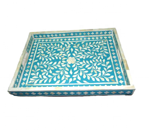 Best Quality Gray Rustic <b>Round</b> Wooden Tea Coffee <b>Serving</b> <b>Tray</b> with Bone Inlay Artwork Handmade India Hotel & Restaurant Use - Product Image 5