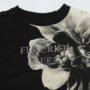 Women Solid Crewneck Sweatshirt with <b>Sequined</b> Flourish Freely Text <b>Black</b> Cotton Casual <b>Top</b> Embroidery - Product Image 5