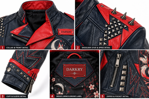 Chaqueta de cuero gráfica para mujer, estilo motero, con tachuelas y púas, color azul marino y rojo, estilo punk rock, ropa exterior, proveedor de fábrica al por mayor, OEM, ODM, personalizada - Product Image 6