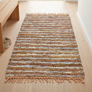 Tapis d'intérieur en cuir recyclé à rayures multiples naturelles pour salon, style rustique et moderne, idéal pour la maison. - Product Image 1