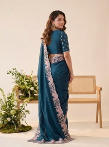 MB ETERNAL CLOTHING Saree en soie vert sarcelle élégant avec broderie rose et bordure florale, protection solaire, réversible, pour femme, traditionnel - Product Image 2