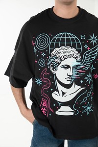 Camiseta de hombre negra de corte regular, manga corta, cuello redondo, estilo urbano, de algodón jersey teñido en hilo, de peso pesado - Product Image 4