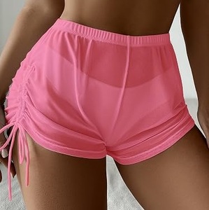 Shorts en maille pour femmes, bleu clair, taille haute, tricotés, avec cordon de serrage, décontractés, respirants, pour la natation, coupe ajustée - Product Image 4