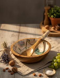 Ensemble de 3 bols et spatules en bois avec motif floral, fabriqués à la main, en bois naturel, adaptés aux aliments, lavables au lave-vaisselle, écologiques - Product Image 1