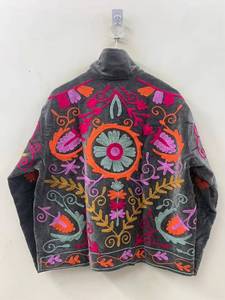 Suzani Velvet Women's Hand Embroidered Floral <b>Jacket</b> Mandarin Collar Full <b>Sleeve</b> <b>Short</b> Length Bohemian <b>Jacket</b> - Product Image 2