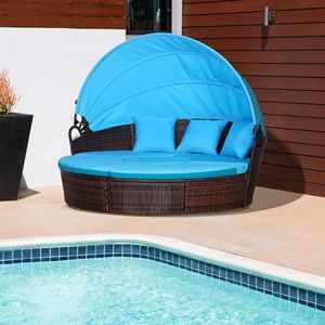 Set Divano Letto a Baldacchino in Rattan Intrecciato Marrone Mocha 4 Pezzi, Zona Relax a Bordo Piscina, Arredamento da Giardino Esterno con Pannello in MDF - Product Image 2