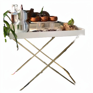 High Quality Hand Made Design Metal Serving Tray with <b>Stand</b> Single Piece Premium Golden Metal <b>Stand</b> Tray - Product Image 1