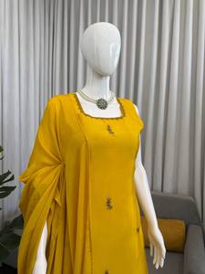 Yellow Reversible 3 Piece Sharara Suit Dupatta <b>Top</b> and Wide Leg Pants Pakistani Party Outfit for Women - Product Image 2