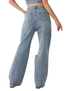 Haute qualité personnalisé femmes décontracté ample jambe droite jean lourd Denim Vintage en détresse lavé taille haute déchiré ODM été - Product Image 3