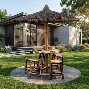 Natural Bamboo Outdoor <b>Table</b> Set with Umbrella Roof and Bar Chairs for Garden <b>Patio</b> Resort Furniture Decor - Product Image 5