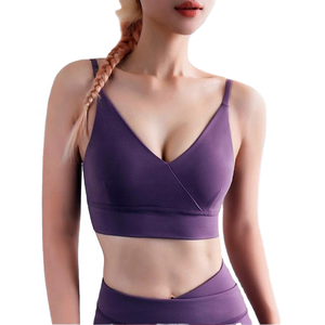 Soutien-gorge de sport pour femme à col en V, violet uni, respirant, maintien moyen, pour le yoga – Nouveau design - Product Image 1